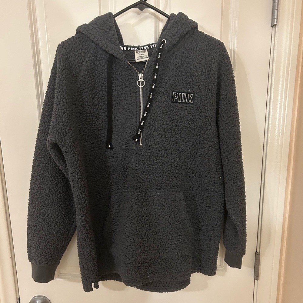 PINK Victoria's Secret Black Sherpa Zip-Up Hoodie